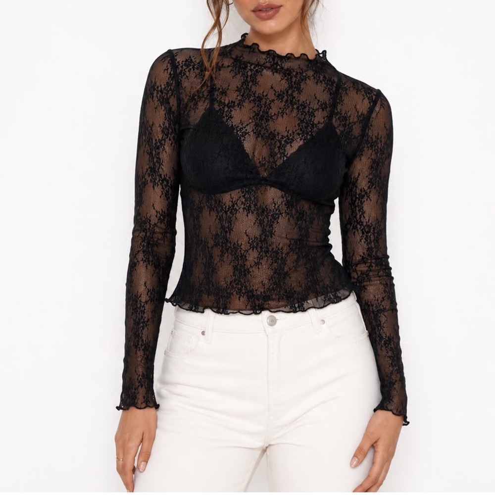Envie Black Floral Lace Sheer Mock Neck Long Sleeve Top Lettuce Trim Large